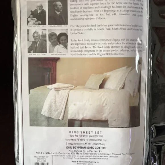 Reed Family Linens Trellis 100% REAL Egyptian Cotton 400TC King Sheet Set, White - Picture 2 of 3